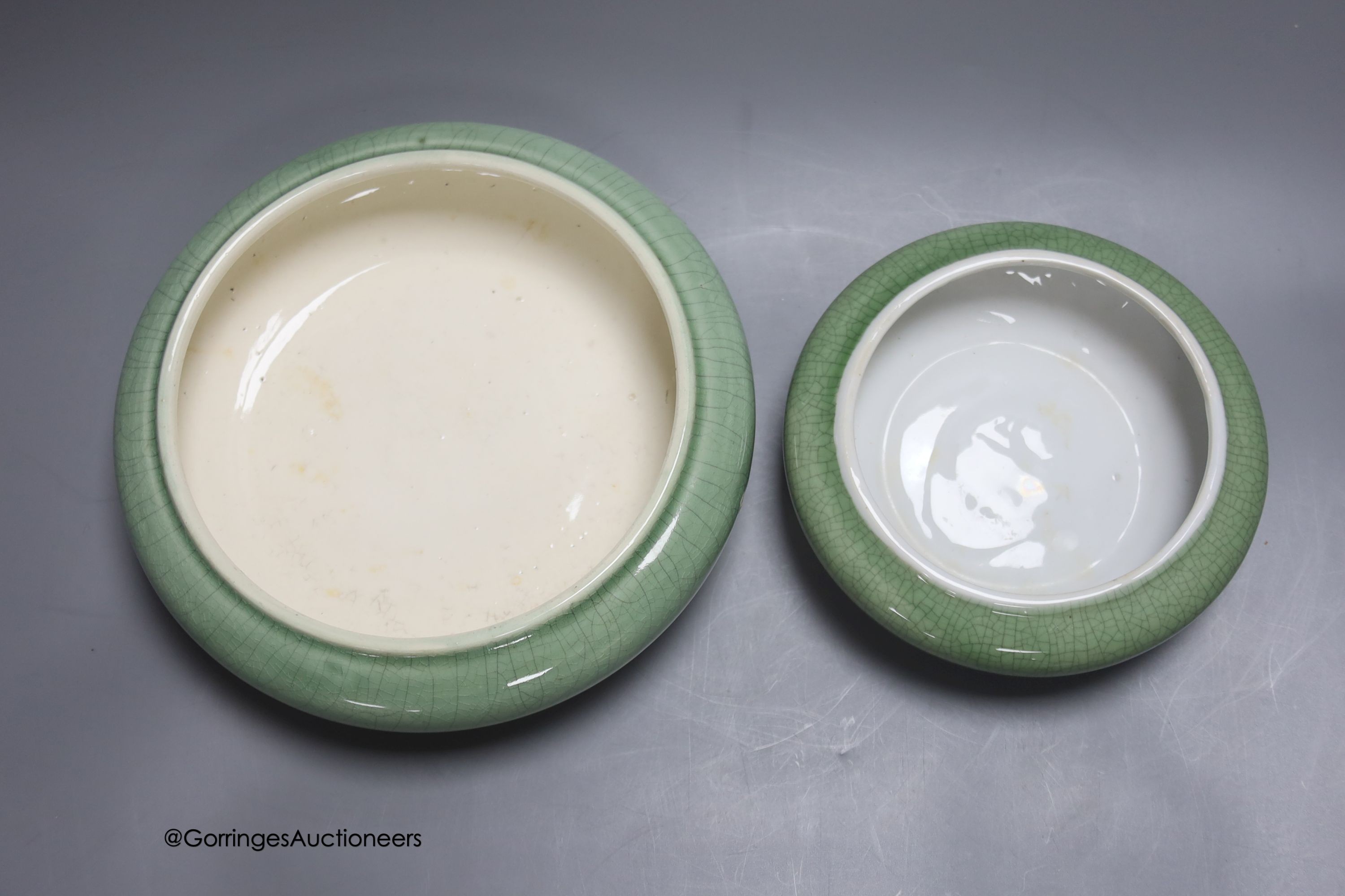 Two celadon crackle glaze brush washers, diameter 21cm